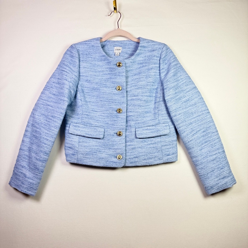 J.CREW Blue Tweed Gold Button Collarless Lady Jacket CB325 Size 2